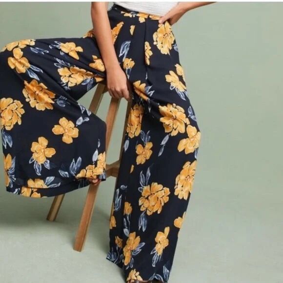 NWT Anthro Paper Crown Primrose Wide Leg Floral Pleated Pants in Blue & Yellow 8 - Picture 2 of 12